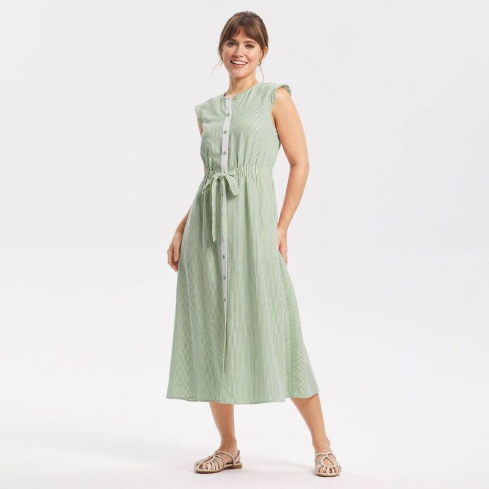 Women's Button-Front Midi A-Line Dress - Universal Thread Green Striped XL